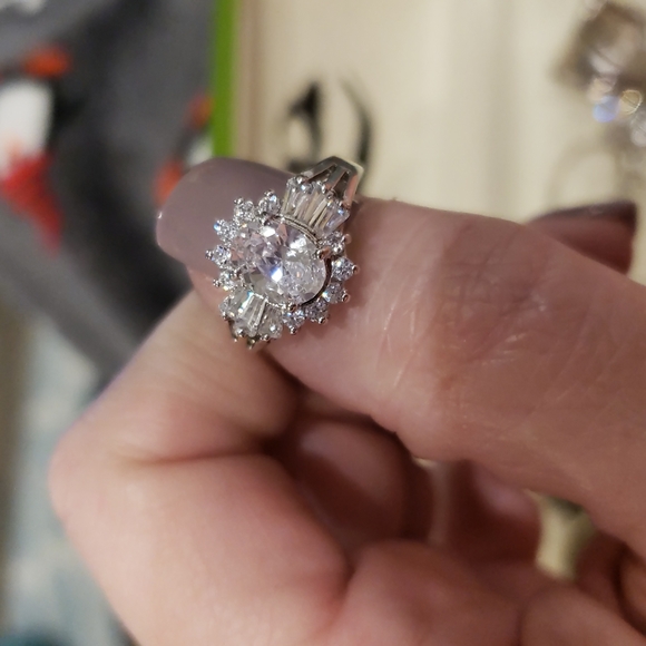 Halo Floral Style Vintage Wedding Engagement Ring Baguette Round Oval Ring 7.25 - Picture 5 of 9